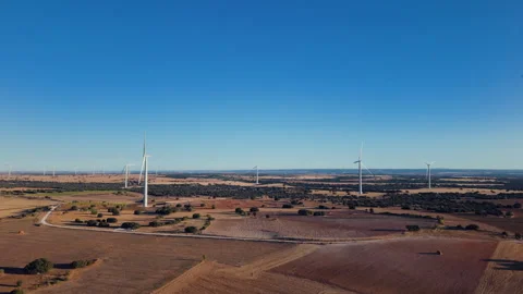 Aerial sunrise view of multiple wind turbines on vast agricultural fields Video stock 317640792
