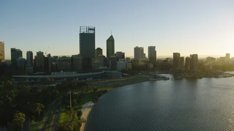 Aerial sunrise view Perth central business district skyline Stock Footage 113097092