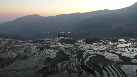 Aerial Sunrise View of Yuanyang Rice Terraces in Yunnan China Video stock 345075853