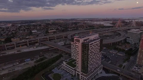 AERIAL: A Sunset and Full Moon over Downtown Boston Stockbeeldmateriaal 69760074