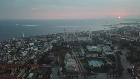 Aerial of sunset Approaching Blue Mosque Istanbul Stock-Footage 86201207
