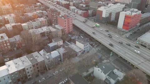 Aerial Sunset Drone View of Brooklyn & NYC Skyline Stock Footage