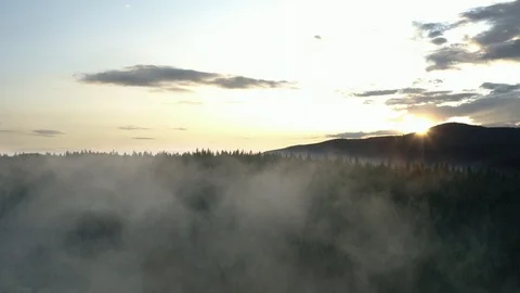 Aerial sunset flight over forest fog in West Tatras Mountains Video stock 125991152