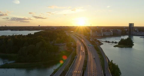 Aerial Sunset - Highway 51 - Keilaniemi Espoo, Finland Stock Footage