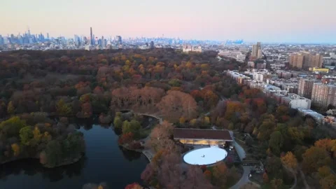 Aerial sunset landscape of Prospect Park ice skating rink Brooklyn during f.. Stock Footage 284481053