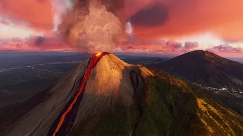 Aerial at sunset of Mount Merapi eruption in Boyolali. Indonesia Stock Footage 314092976