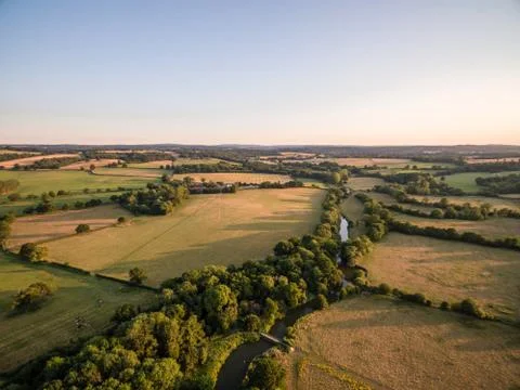 Aerial Sunset over fields 스톡 사진