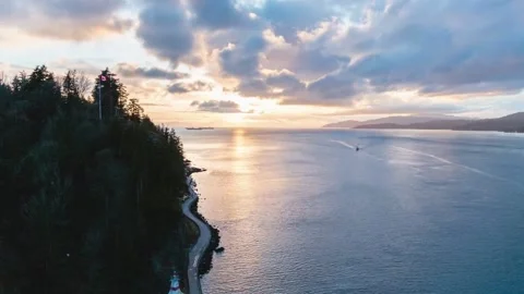 Aerial Sunset Over Lighthouse Park Coastal Trail - 4K Video Video stock 341763475
