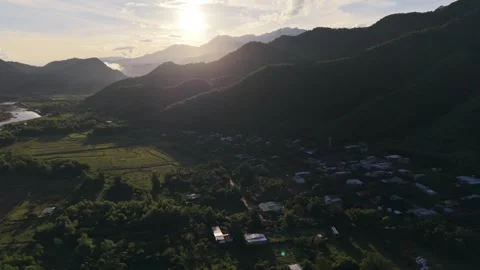 Aerial Sunset Over Mountain Valley and River Landscape in Northern Vietnam Video stock 337948613