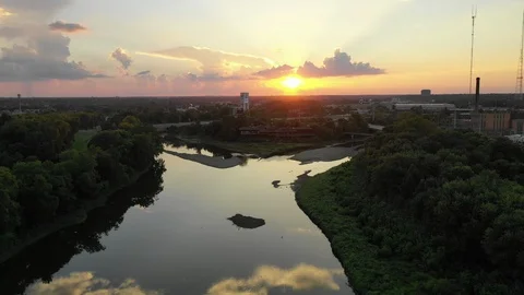 Aerial Sunset over River Stock Footage 101556882