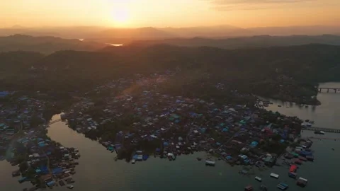 Aerial sunset of sangkhlaburi district  mon village floating house Thailand Stock Footage 292868570