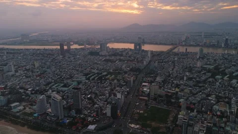 Aerial sunset scenic view of Da Nang city Vietnam, drone Stock Footage 323342142