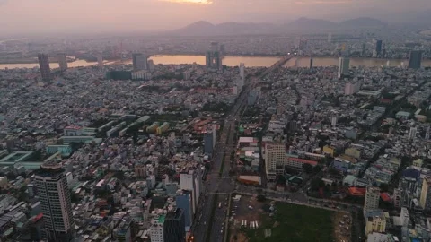 Aerial sunset scenic view of Da Nang city Vietnam Stock Footage 323342143