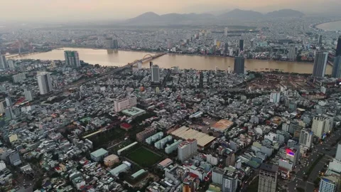 Aerial sunset scenic view of Da Nang city Vietnam, drone Stock Footage 323342144