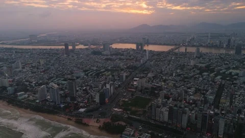 Aerial sunset scenic view of Da Nang city Vietnam Stock Footage 323342146