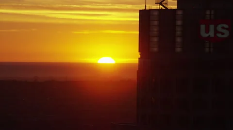 Aerial sunset silhouette view US Bank Los Angeles USA Stock Footage 64791107