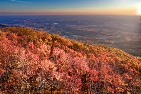 Aerial sunset with sunrays in Jasper in dramatic fall landscap Stock Photos