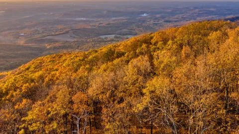 Aerial sunset with sunrays in Jasper in dramatic fall landscape Stock Photos