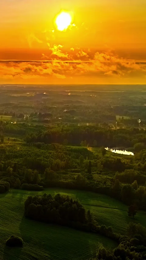 Aerial Sunset Time Lapse Over Latvian Forest Countryside Spring Golden Sky Stock Footage 337648977