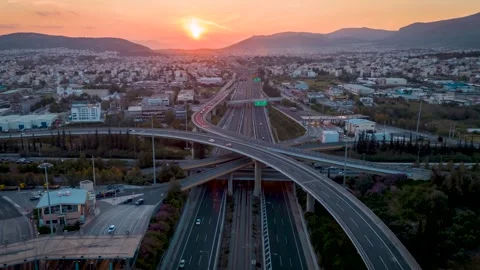 Aerial sunset time lapse view of multilevel junction highway road Stock Footage 264157179