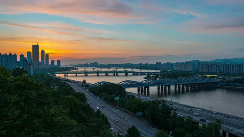 Aerial  sunset view of 63 building and nodeul island Stock Footage 155584403