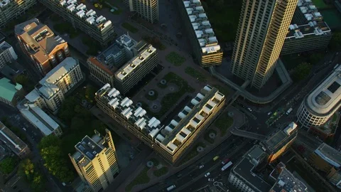 Aerial sunset view Barbican Centre rooftops London cityscape Stock Footage 83870845