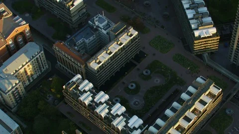 Aerial sunset view Barbican Centre rooftops London cityscape Stock Footage 83877455