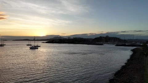Aerial sunset view of the bay and the dock in Amador. Stock Footage 343883170