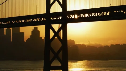 Aerial sunset view Bay bridge San Francisco skyscrapers Video stock 83916079