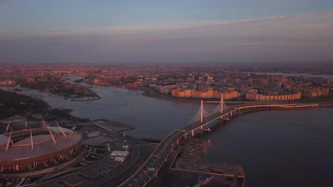 Aerial sunset view cable Bridge ZSD road car rooftops zenit arena Stock-Footage 108270330