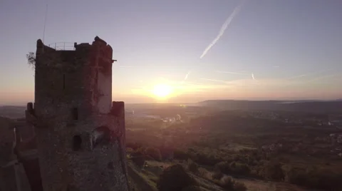 Aerial sunset view of the Château de Tournoël - France Stock Footage 64482059