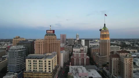 Aerial sunset view of downtown San Antonio, Texas Stock Footage 237195053