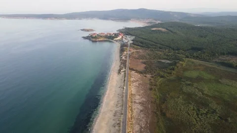Aerial Sunset view of The Driver Beach near resort of Dyuni, Bulgaria Stock Footage 161309265