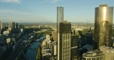 Aerial sunset view Eureka Tower Yarra River Melbourne Stock Footage 91530085