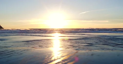 Aerial Sunset View Flying Over Coast with Dramatic Light in the Pacific Northwes Video stock 63013922