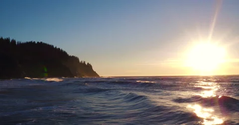 Aerial Sunset View Flying Over Coast with Dramatic Light in the Pacific Northwes Stock Footage 63014616