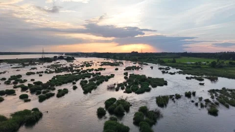 Aerial Sunset View of the Kaveri River and Barrage Landscape in Karnataka Видео 336707652