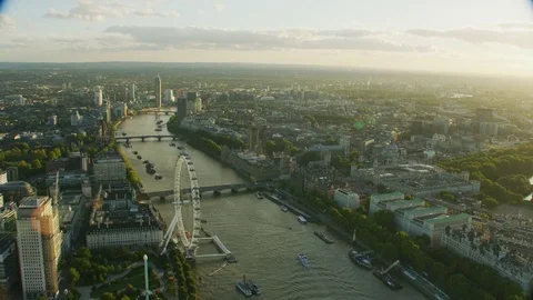 Aerial sunset view London cityscape River Thames UK Stock Footage