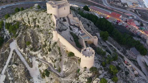 Aerial sunset view of the medieval castle of Castalla, Spain. Stock Footage 166366497