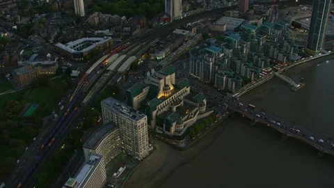 Aerial sunset view MI6 foreign intelligence agency London Stock Footage 83872196