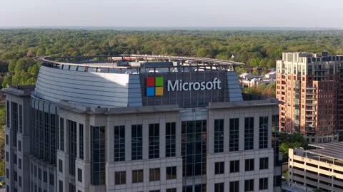 Aerial sunset view of Microsoft office building in Reston, Virginia, showing Video stock 333784468