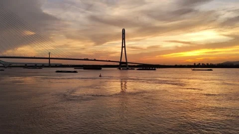 Aerial sunset view of modern cable stayed bridge over wide river in China Stock Footage 337599865