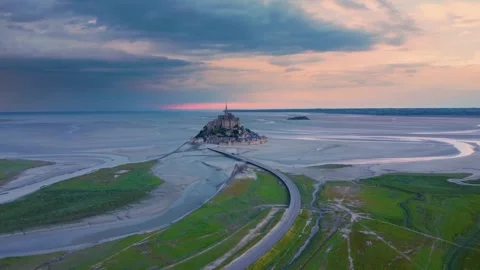 Aerial Sunset View of Mont Saint Michel, France Stock Footage 315544247