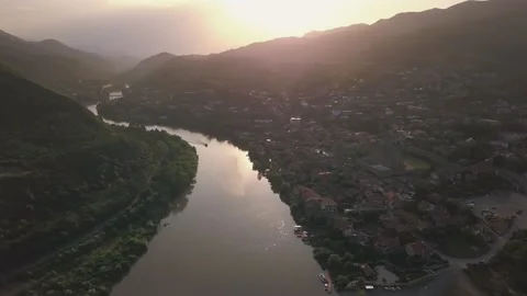 Aerial Sunset View Of The Mtskheta Town. Georgia. 4K Stock Footage 150917182
