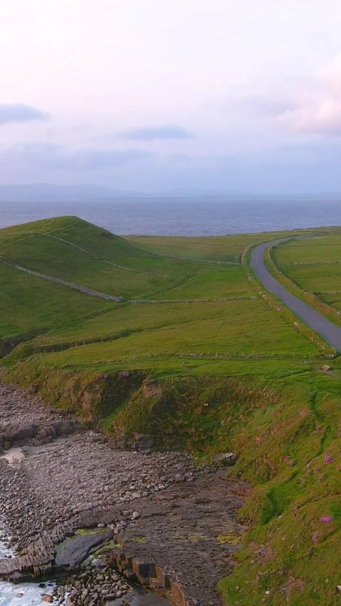 Aerial sunset view of Mullaghmore Head and Classiebawn Castle. Co Sligo, Ireland Stock Footage 312684973