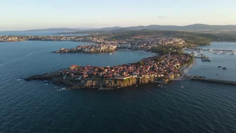 Aerial sunset view of old town of Sozopol, Burgas Region, Bulgaria Stock Footage 146522019