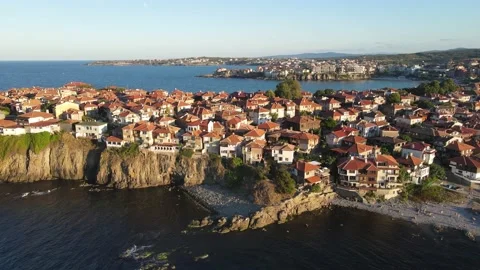 Aerial sunset view of old town of Sozopol, Burgas Region, Bulgaria Video stock 149960376