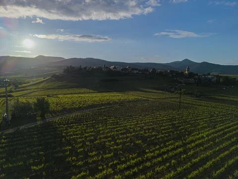 An aerial sunset view over the historic hill village of Zellenberg in Alsace Stockfoto's