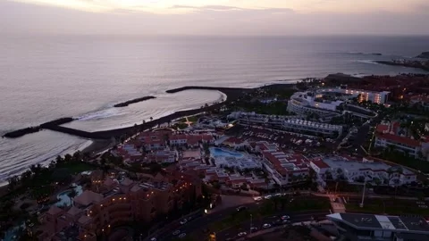 Aerial Sunset View Over Playa El Beril and Costa Adeje Resort Coastline Spain 스톡 동영상 336666714