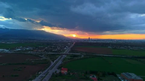 Aerial Sunset View Over Sofia Ring Road and Central Boulevard, Bulgaria Stock Footage 321934111